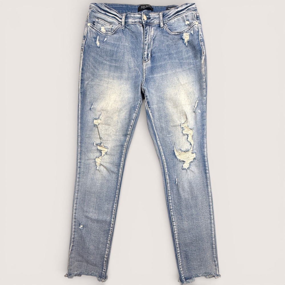 Judy Blue Plus Size Boyfriend Jeans Women's 15W Distressed Raw Hem Stretch Denim